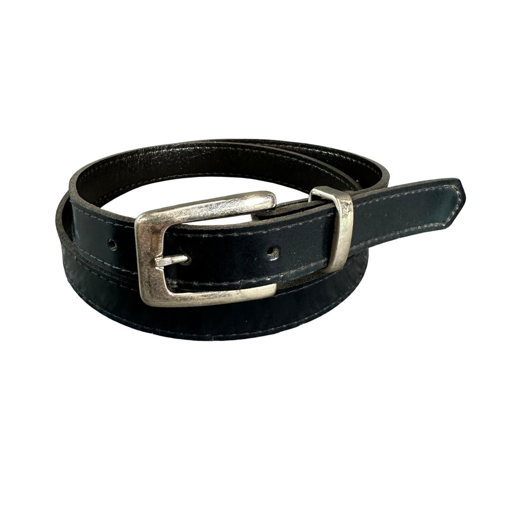 Vintage Black Leather Belt Silver Buckle Minimalist Classic 34 Inch